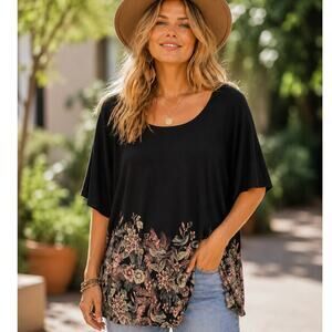 J. Jill Wearever Collection Floral Humming Bird Top Womens XL Black Tunic Tee